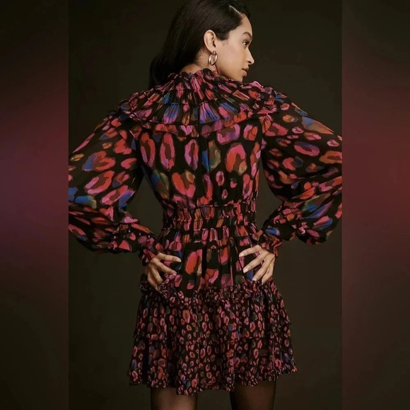 Farm Rio Anthropologie Iridescent Leopards Black Ruffled Dress - Size Small - Picture 3 of 16